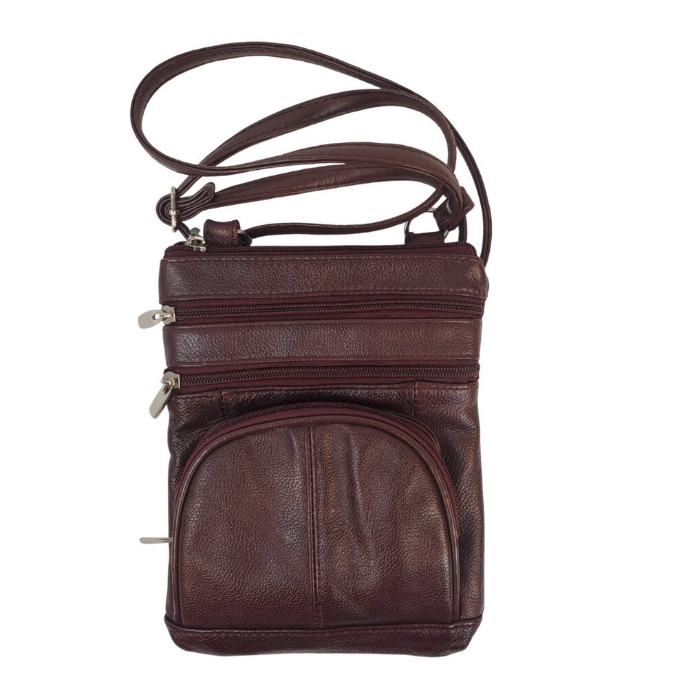 Crossbody Wristlet Bag Purse Multiple Pockets Zip Closure Maroon Faux Leather